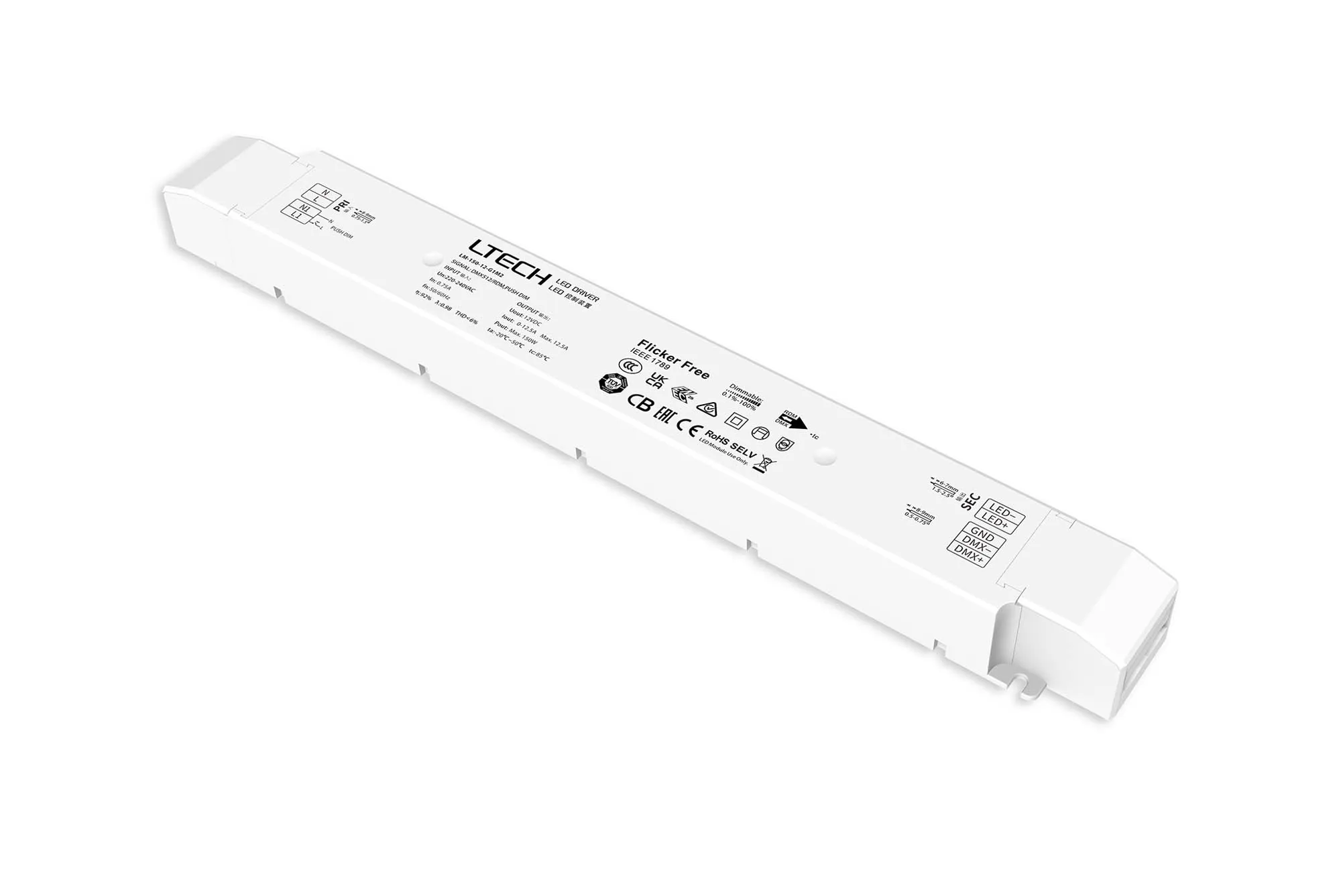 LM-150-12-G1M2  DMX512/RDM/Push DIM, 0-100% Dim, CV 150W, 12Vdc 12.5A, 200-240Vac, IP20, 5yrs Warranty.